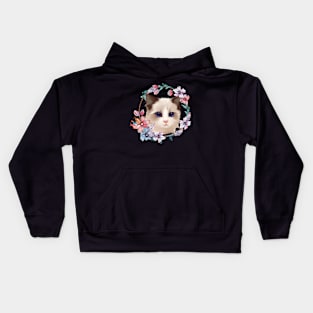 Cute cat face with flowers Kids Hoodie